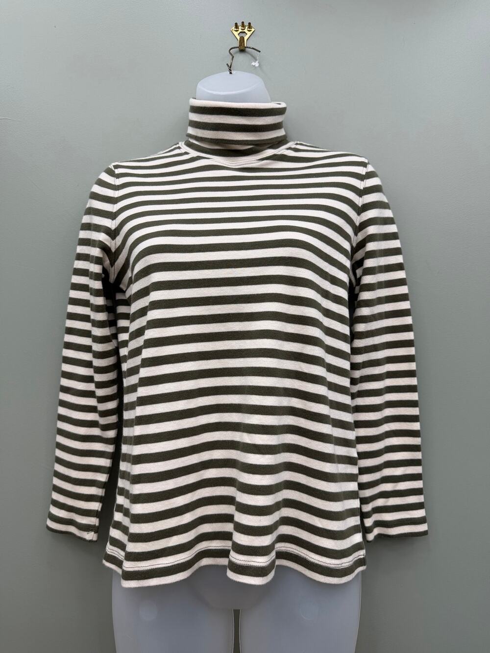 Appleseed's Turtleneck Top Petite S Olive Ivory Stripe 100% Cotton Fall